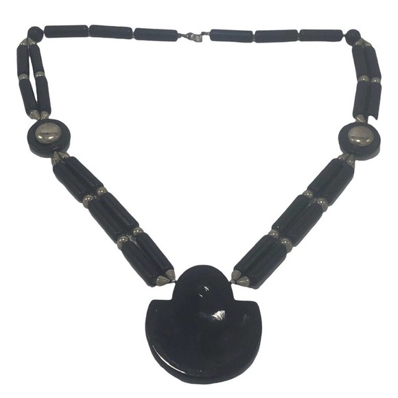 1950s Japan Long Silver Black Ceramic Bead Statement Necklace - Picture 2 of 6